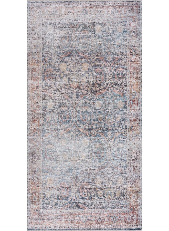 Bloom Rugs Caria Washable Non-Slip 4x6 Rug - Ocean Blue/Brick Traditional Area Rug for Living Room, Bedroom, Dining Room, and Kitchen - Exact Size: 4' x 6' - Image 2