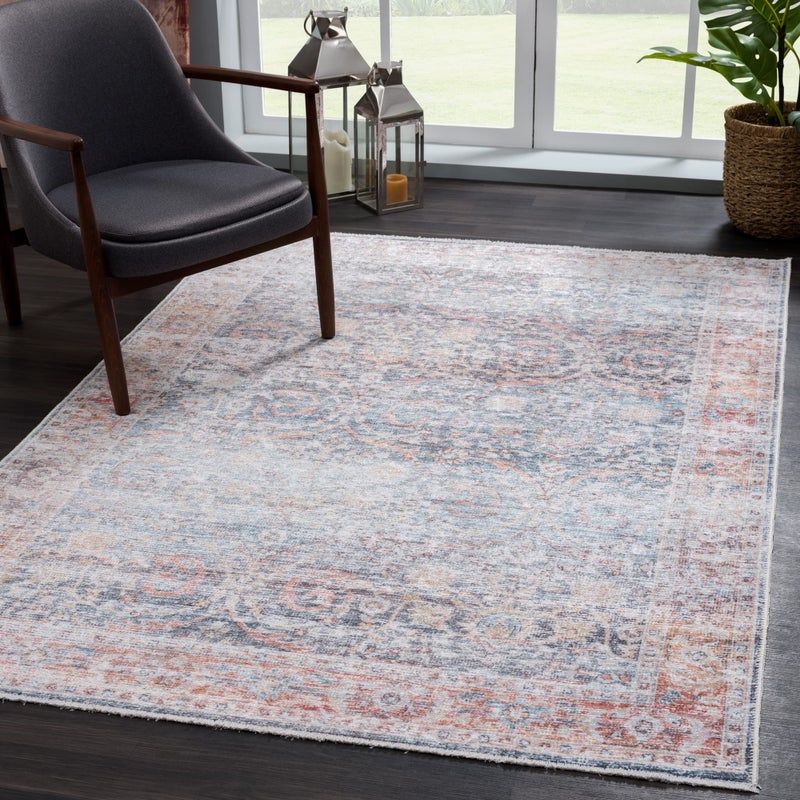 Bloom Rugs Caria Washable Non-Slip 4x6 Rug - Ocean Blue/Brick Traditional Area Rug for Living Room, Bedroom, Dining Room, and Kitchen - Exact Size: 4' x 6' - Image 1