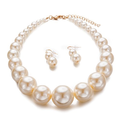 Yuhuan Womens Faux Big Pearl Choker Necklace and Earring Set Fashion Pearl Set - Image 2
