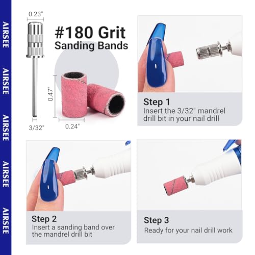 AIRSEE Sanding Bands for Electric Nail Drill 100 Piece Set 180 Grit Medium Acrylic File Attachments Professional 1 Sander Mandrel Bit Beauty Salon Accessories Manicure and Pedicure Finger Callus Pink - Image 3
