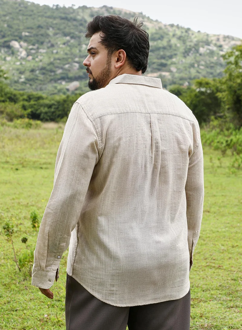Instafab Plus Instafab Plus Men Candy-Stripe Jacquard Shirt | Spread Collar , Long Cuffed Sleeves | Button Closure , Curved Hem | Stripes Jacquard | Woven Fabric For Casual & Daily Wear | Khaki Beige
