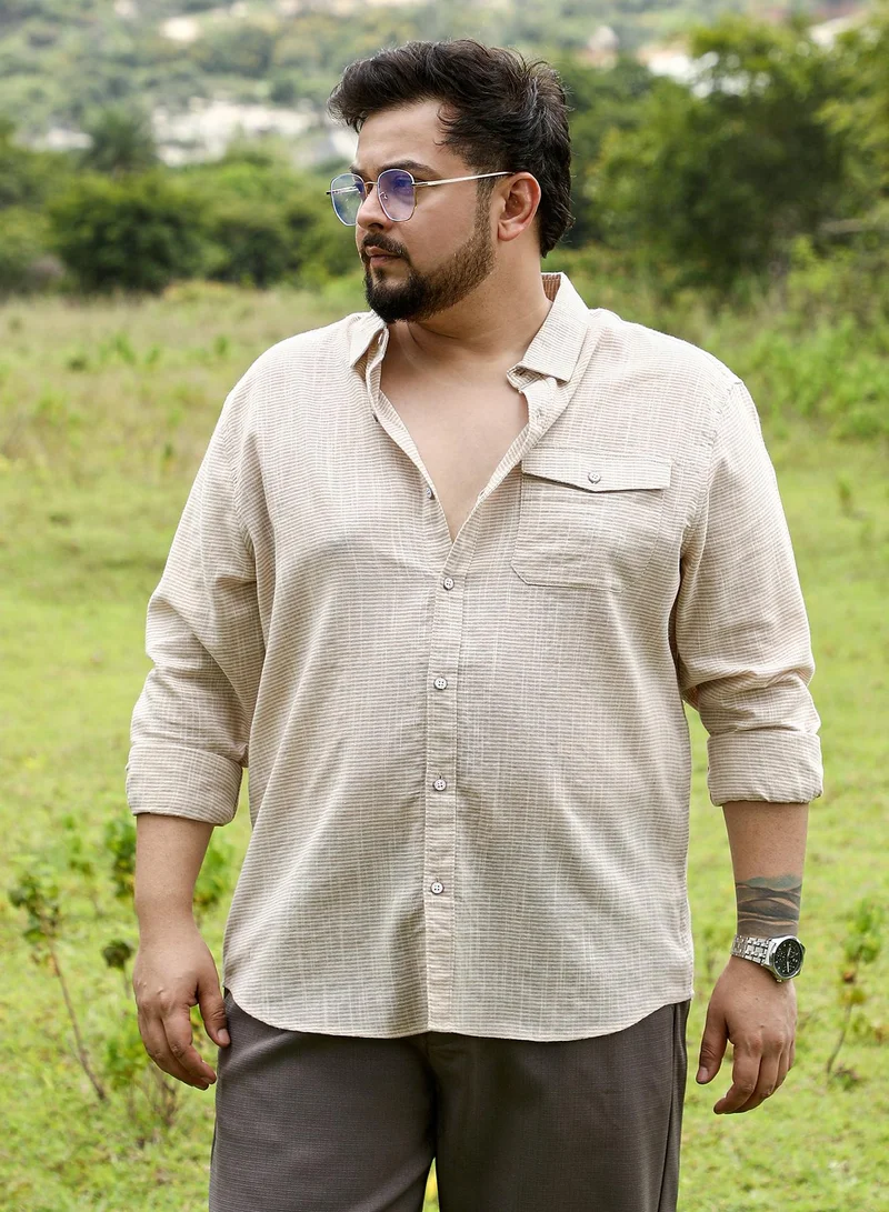 Instafab Plus Instafab Plus Men Candy-Stripe Jacquard Shirt | Spread Collar , Long Cuffed Sleeves | Button Closure , Curved Hem | Stripes Jacquard | Woven Fabric For Casual & Daily Wear | Khaki Beige