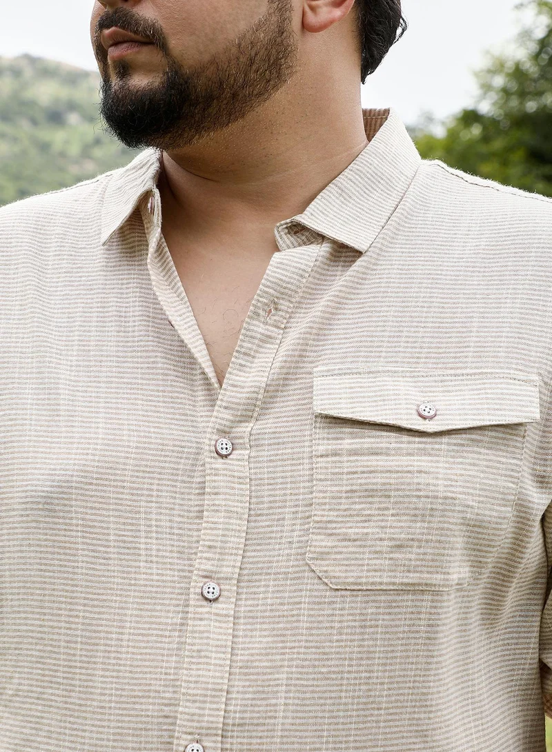Instafab Plus Instafab Plus Men Candy-Stripe Jacquard Shirt | Spread Collar , Long Cuffed Sleeves | Button Closure , Curved Hem | Stripes Jacquard | Woven Fabric For Casual & Daily Wear | Khaki Beige