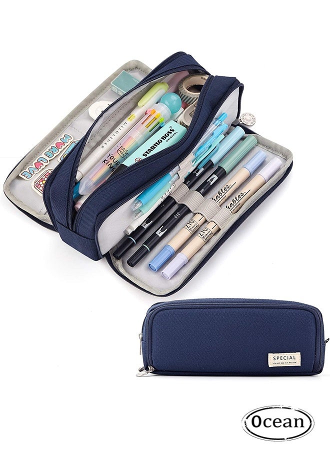 Ocean Large Capacity Pen Case, Three Compartment Pen Case, Suitable for Stationery Bags for School Teenagers, Boys and Girls, Convenient Storage Bags, Outdoor Travel Storage Bags (Navy Blue) - Image 1