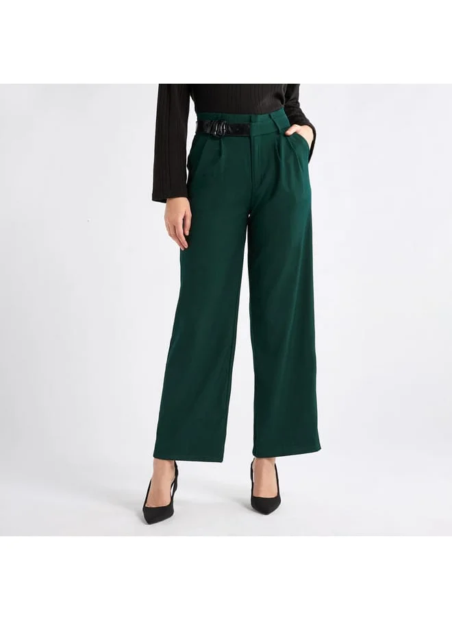 FAV Solid Belted Wide Leg Trousers with Pockets