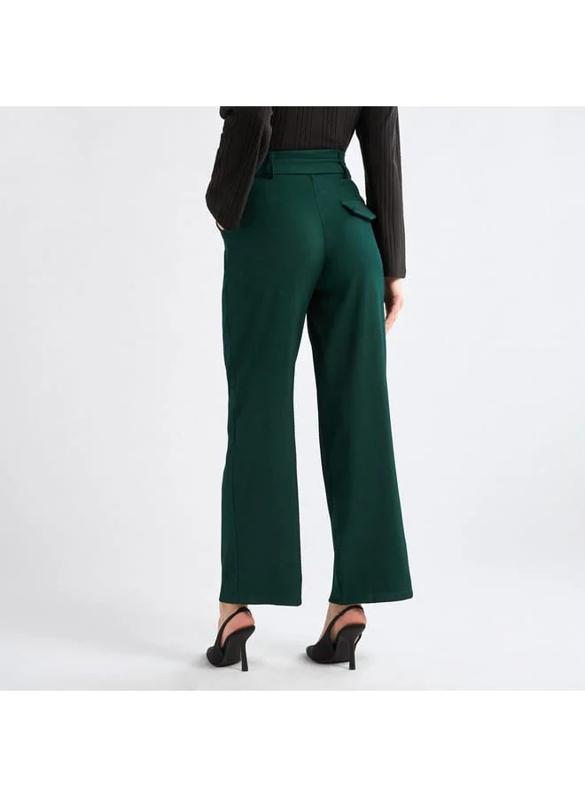 Splash FAV Solid Belted Wide Leg Trousers with Pockets