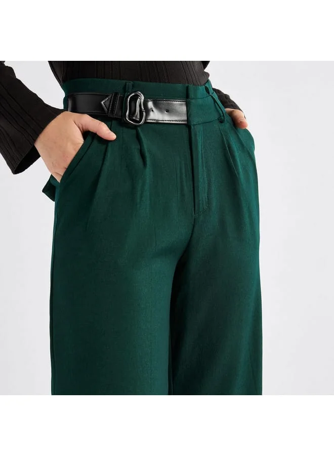 Splash FAV Solid Belted Wide Leg Trousers with Pockets