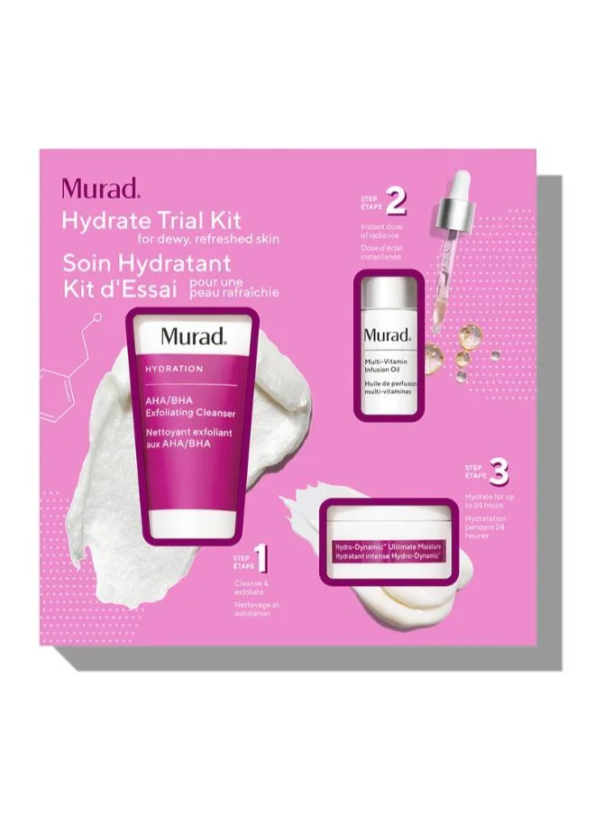 مراد Hydrate Trial Kit For Dewy, Refreshed Skin Aha/Bha Exfoliating Cleanser 60Ml Multi Vitamin Infusion Oil 10Ml Hydro-Dynamic Ultimate Moisture 15Ml