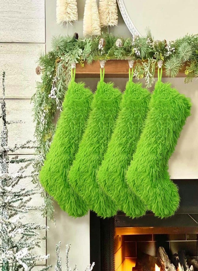 Pawliss Spirit Christmas Stockings: 4PC 18 Inch Faux Plush Fur Christmas Stocking Embroidered with Green Elf Face, Lush Green Fuzzy Stocking, Soft Christmas Décor Home Party Supplies - Image 4