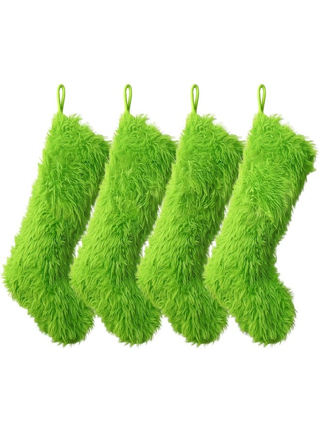 Pawliss Spirit Christmas Stockings: 4PC 18 Inch Faux Plush Fur Christmas Stocking Embroidered with Green Elf Face, Lush Green Fuzzy Stocking, Soft Christmas Décor Home Party Supplies - Image 1