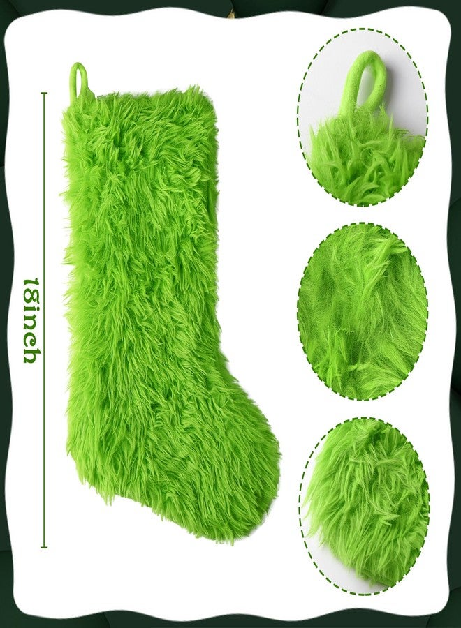 Pawliss Spirit Christmas Stockings: 4PC 18 Inch Faux Plush Fur Christmas Stocking Embroidered with Green Elf Face, Lush Green Fuzzy Stocking, Soft Christmas Décor Home Party Supplies - Image 3