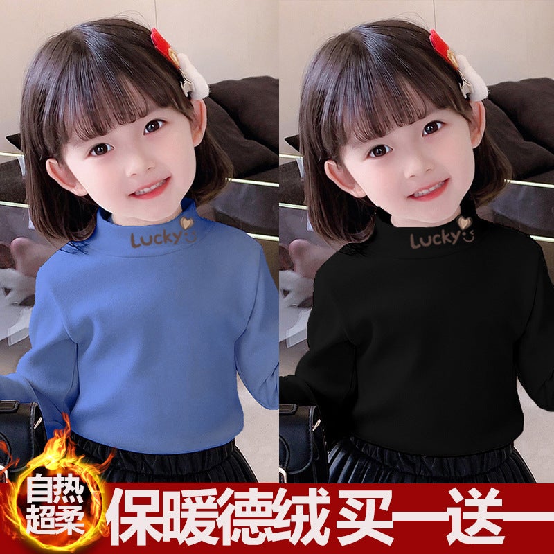 Girls' Semi-High Collar Long-Sleeved T-Shirt Top Base Shirt Semi-High Collar Children'S Autumn Clothes Warm T-Shirt - Image 1