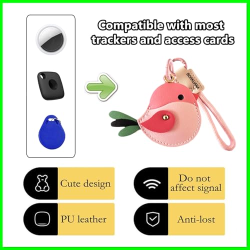ZOUITY Leather Keychain Holder Case Compatible with AirTag,Cute Protective Cover with Keyring and Lanyard,Anti-Scratch Finder GPS Tracker Case for Wallet Keys,Bag,Pets,Backpack(Pink Bird) - Image 3