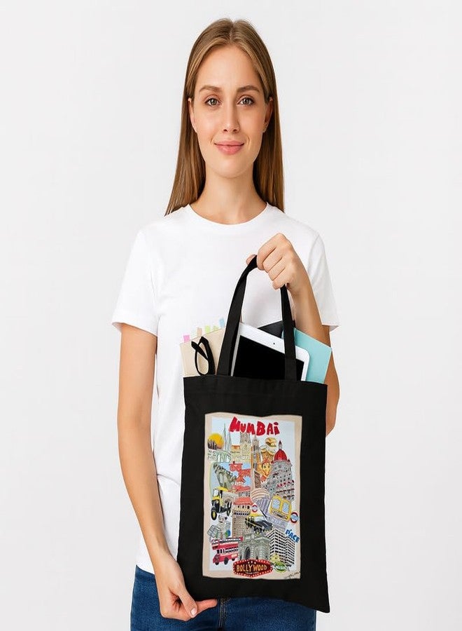 PrintingZone Black Tote Bag With Pocket Printed Designed Canvas Tote Bags For Women large capacity|Tote bag For Shopping| College| Travel| More Canvas Handbag For Unisex Bag(BTB306) - Image 4