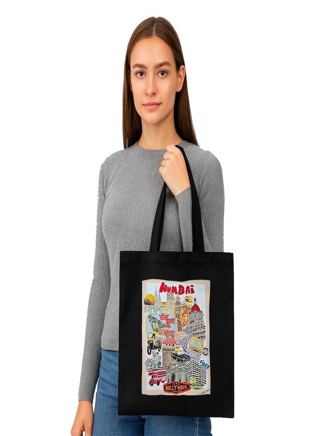 PrintingZone Black Tote Bag With Pocket Printed Designed Canvas Tote Bags For Women large capacity|Tote bag For Shopping| College| Travel| More Canvas Handbag For Unisex Bag(BTB306) - Image 2