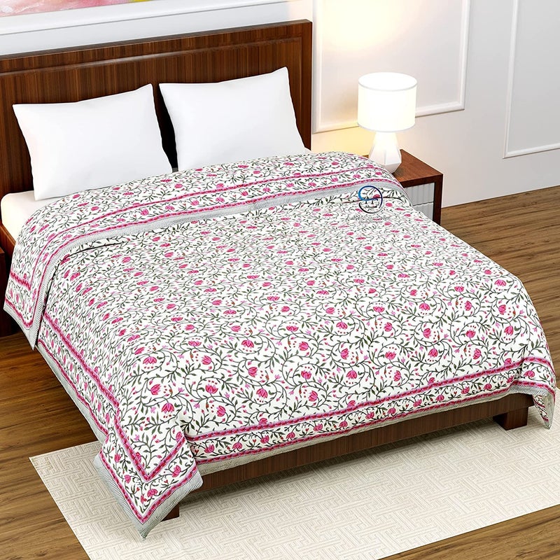 WORLDNEX 400 TC Pure Cotton Double Bed Soft Jaipuri AC Quilt/Razai/Rajai Floral Print for Winter (Pink & Green, 85 x 100 Inch) - Image 4