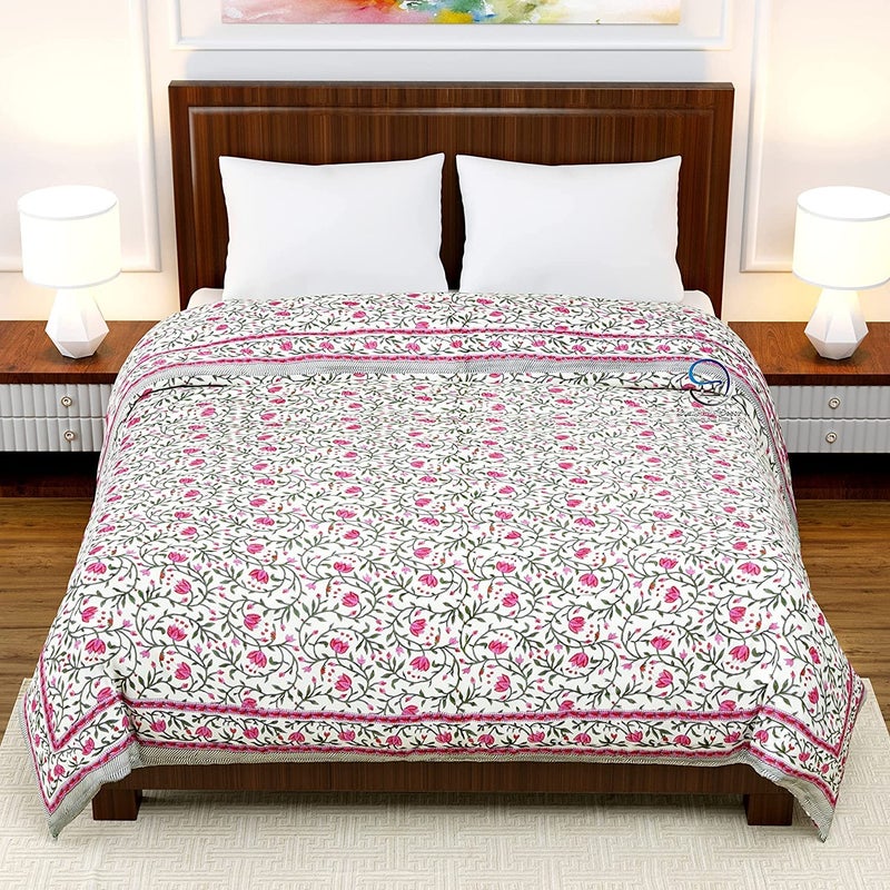 WORLDNEX 400 TC Pure Cotton Double Bed Soft Jaipuri AC Quilt/Razai/Rajai Floral Print for Winter (Pink & Green, 85 x 100 Inch) - Image 5