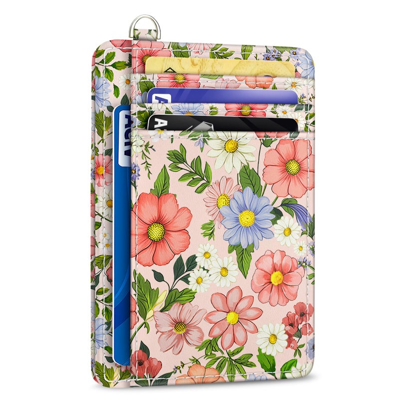 Yonlevres Credit Card Holder Slim Wallet, Floral RFID Wallet Women Front Pocket Small Card Holder, Travel Cute Thin with ID Window PU Leather RFID Blocking Case Organizer Gift Girls Ladies - Image 1