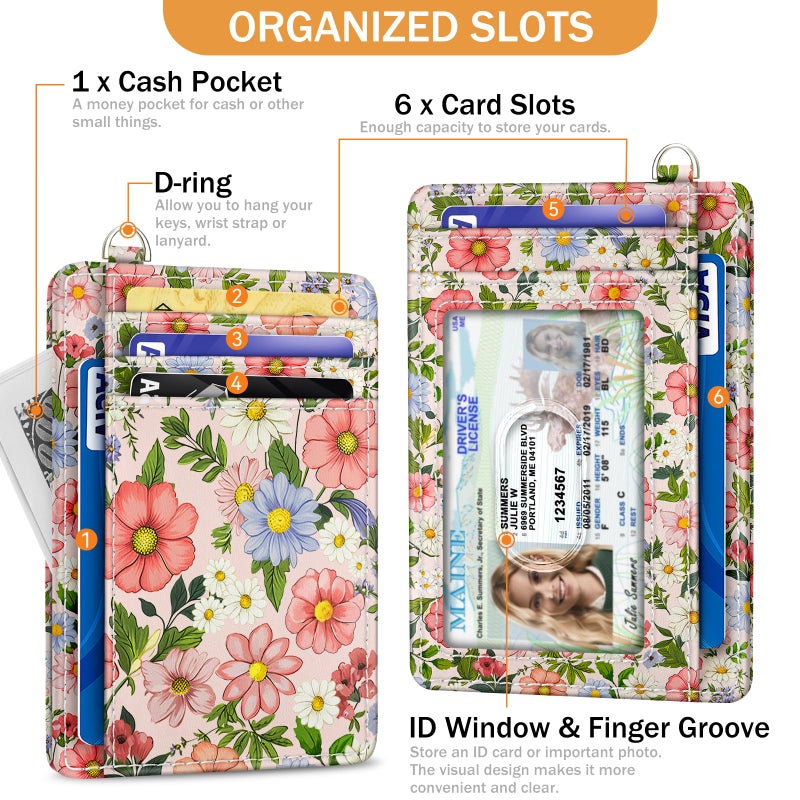 Yonlevres Credit Card Holder Slim Wallet, Floral RFID Wallet Women Front Pocket Small Card Holder, Travel Cute Thin with ID Window PU Leather RFID Blocking Case Organizer Gift Girls Ladies - Image 4