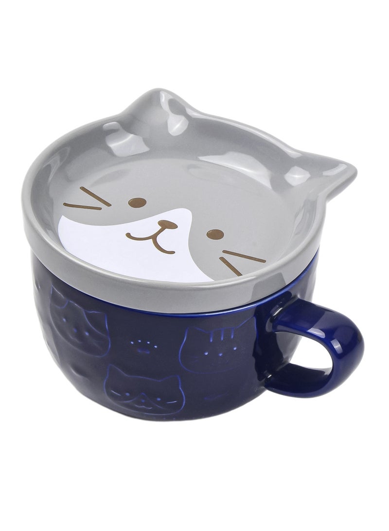 Cute Ceramic Cat Mug with Lid, 300ml Coffee Cup for Cat Lovers, Exquisite Relief Pattern, Snack Plate Lid  - Image 1