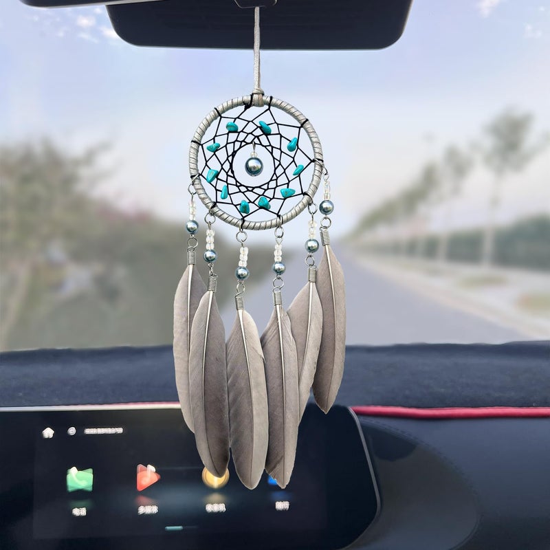 Malicosmile Small Dream Catchers for Cars Rear View Mirror, Handmade Car Charm Pendant Gray Feather and Turquoise Dream Catcher for Car Wall Bedroom Hanging Decorations