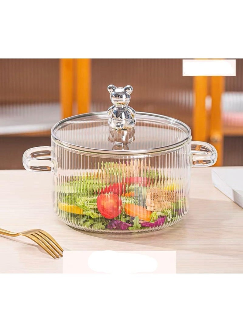 حلة زجاج بورو سيليكات مضلعة بغطاء ومقبض دب لطيف – وعاء تقديم/طهي مقاوم للحرارة بمقبضين – شفاف - Image 1