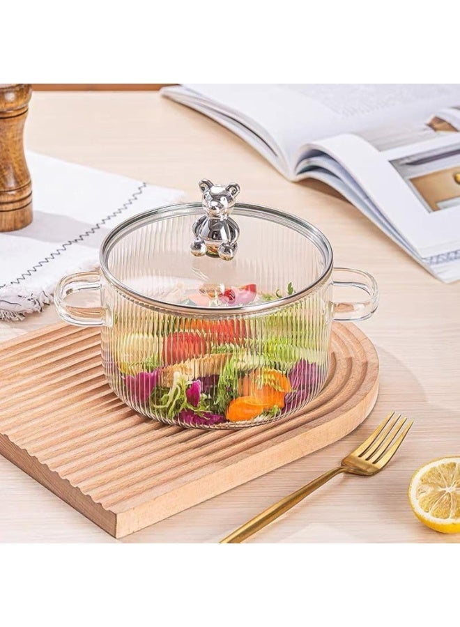 حلة زجاج بورو سيليكات مضلعة بغطاء ومقبض دب لطيف – وعاء تقديم/طهي مقاوم للحرارة بمقبضين – شفاف - Image 2