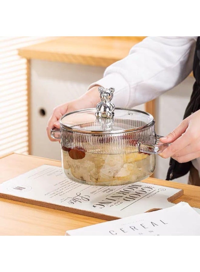 حلة زجاج بورو سيليكات مضلعة بغطاء ومقبض دب لطيف – وعاء تقديم/طهي مقاوم للحرارة بمقبضين – شفاف - Image 3