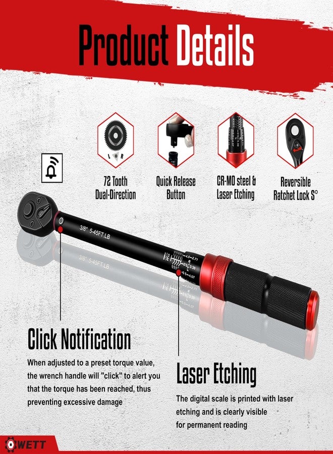 WETT 11Pcs Torque Wrench Set, 1/4'' & 3/8'' & 1/2'' Drive Click Torque Wrench, with Extension Bars & Adapters, Dual-Direction Adjustable Reversible 72-Tooth Ratchet Handle - Image 3
