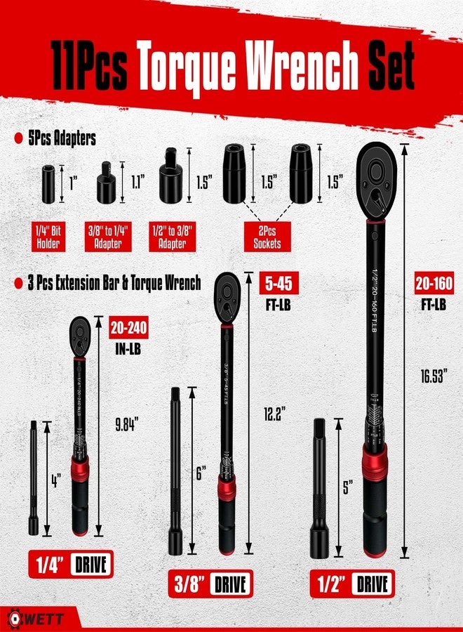WETT 11Pcs Torque Wrench Set, 1/4'' & 3/8'' & 1/2'' Drive Click Torque Wrench, with Extension Bars & Adapters, Dual-Direction Adjustable Reversible 72-Tooth Ratchet Handle - Image 2