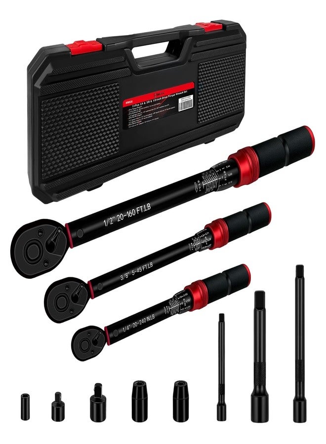 WETT 11Pcs Torque Wrench Set, 1/4'' & 3/8'' & 1/2'' Drive Click Torque Wrench, with Extension Bars & Adapters, Dual-Direction Adjustable Reversible 72-Tooth Ratchet Handle - Image 1