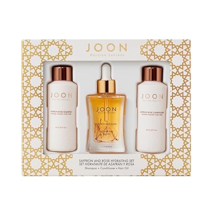 Joon مجموعة هدايا بحجم السفر من جون للترطيب | إكسير الشعر بالزعفران (1.11 أونصة سائلة)، شامبو الورد بالزعفران (2 أونصة سائلة) وبلسم (2 أونصة سائلة) - Image 1