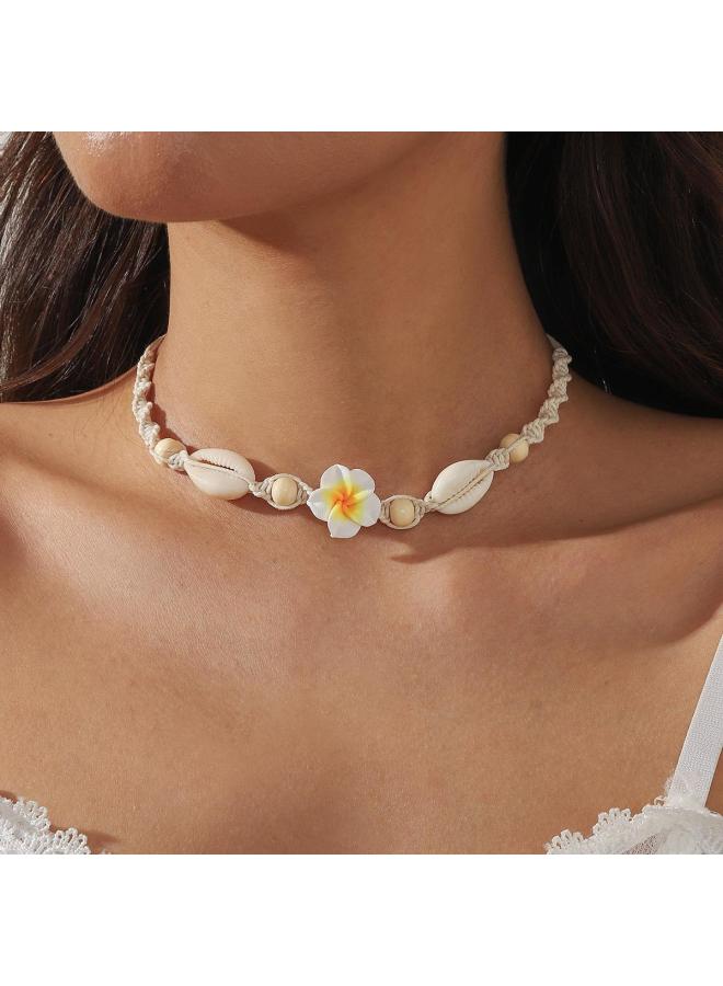 Beach Holiday Style Egg Flower Necklace Sea Shell Wooden Beads Hand-woven Adjustable Necklace For Women 