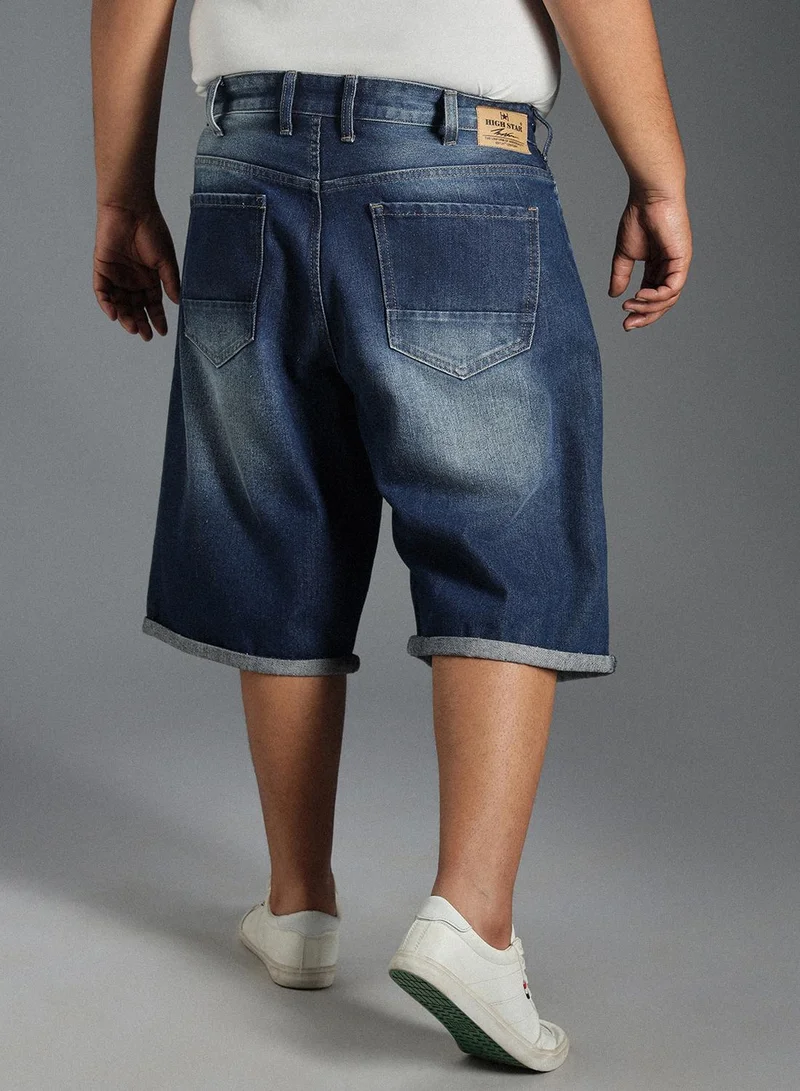 HIGH STAR Men's Indigo 100% Cotton Bleached Cropped Length Cargo Loose Shorts