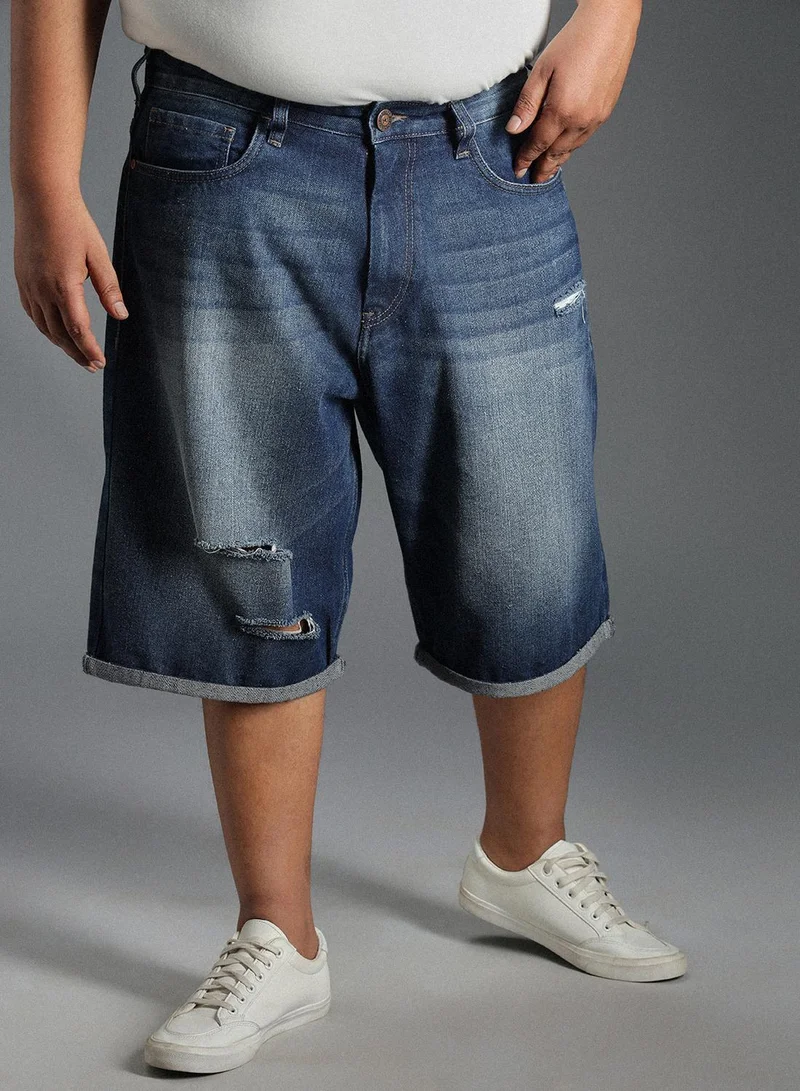 HIGH STAR Men's Indigo 100% Cotton Bleached Cropped Length Cargo Loose Shorts