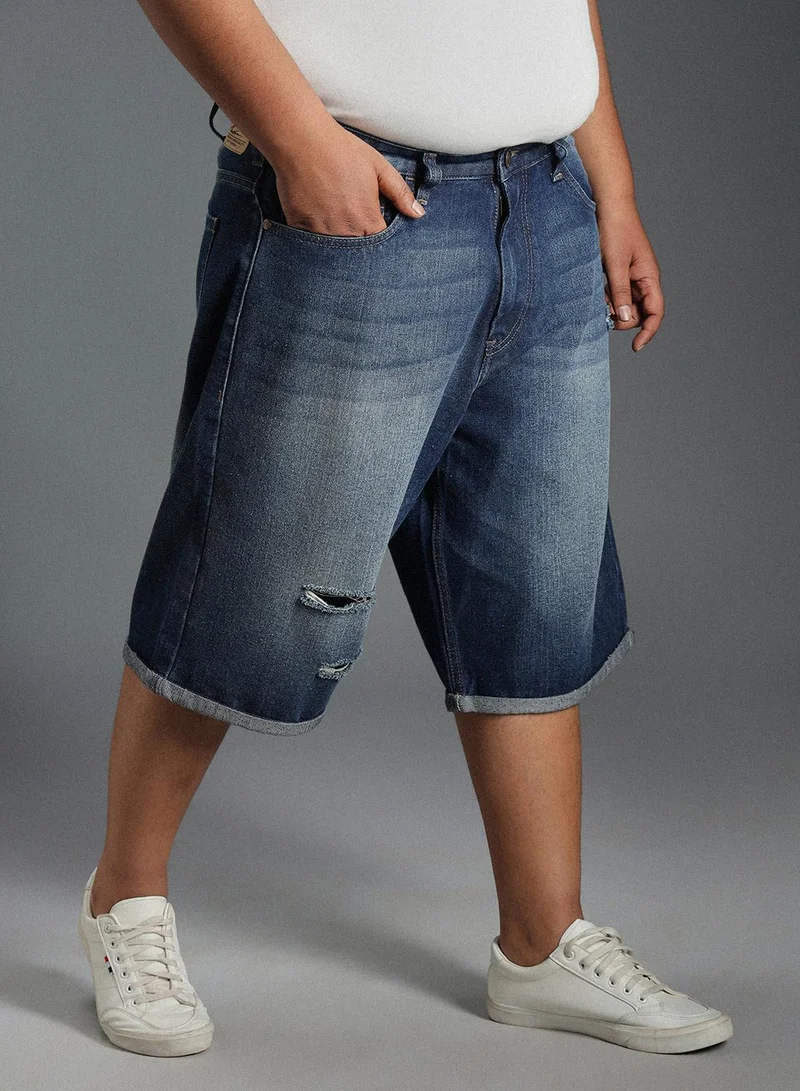 HIGH STAR Men's Indigo 100% Cotton Bleached Cropped Length Cargo Loose Shorts