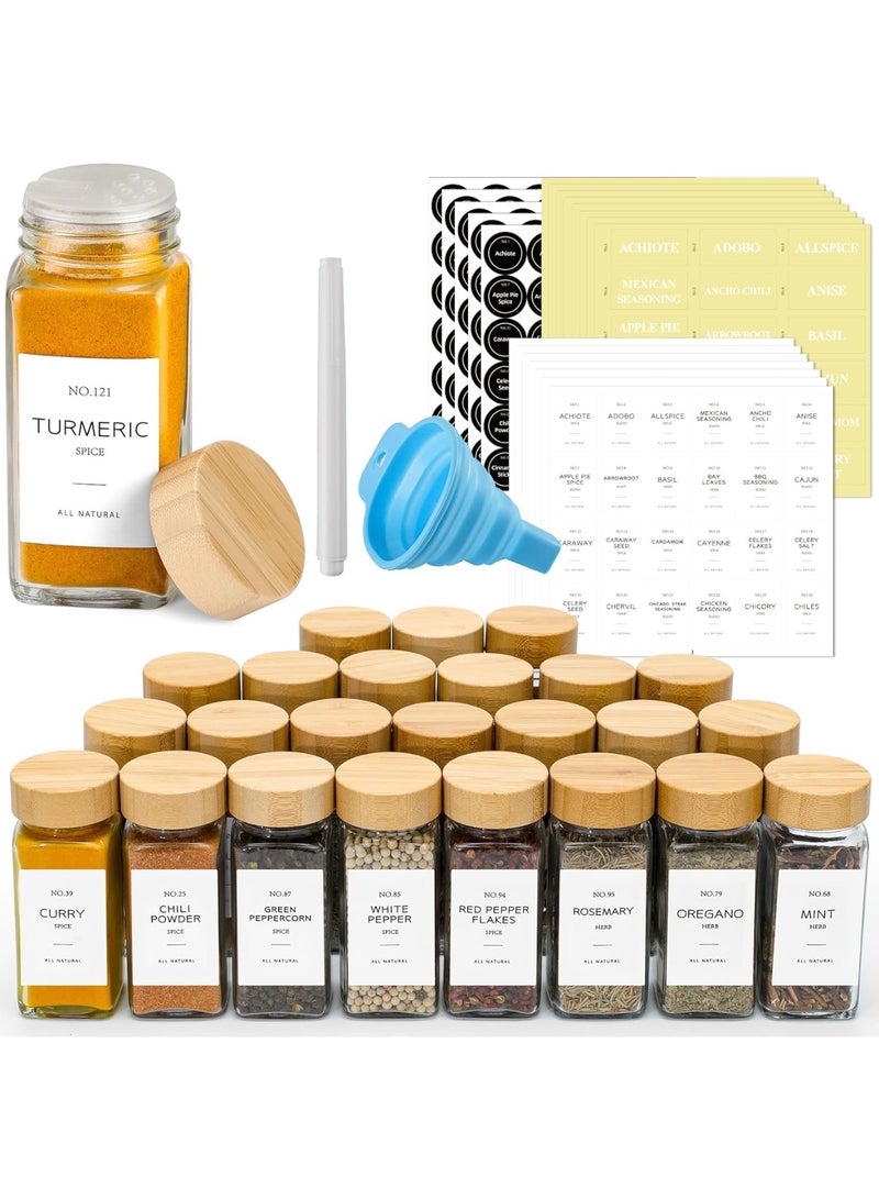 YelaJoy 24 Pcs Spice Jars with Labels Glass Spice Jars with Bamboo Lids, Minimalist Farmhouse Spice Labels Stickers, Collapsible Funnel, Seasoning Storage Bottles for Spice Rack, Cabinet, Drawer - Image 1