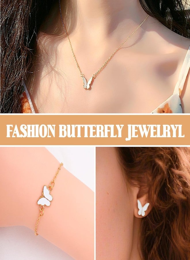 TARINI 4Piece White Butterfly Jewelry Set - Elegant Gold-Plated Necklace, 1 Pair Earrings, Bracelet, Adjustable Ring, Luxe Bridal Wedding Party Prom Accessories Gift for Women Her Birthday Anniversary Valentine's Day - Image 4