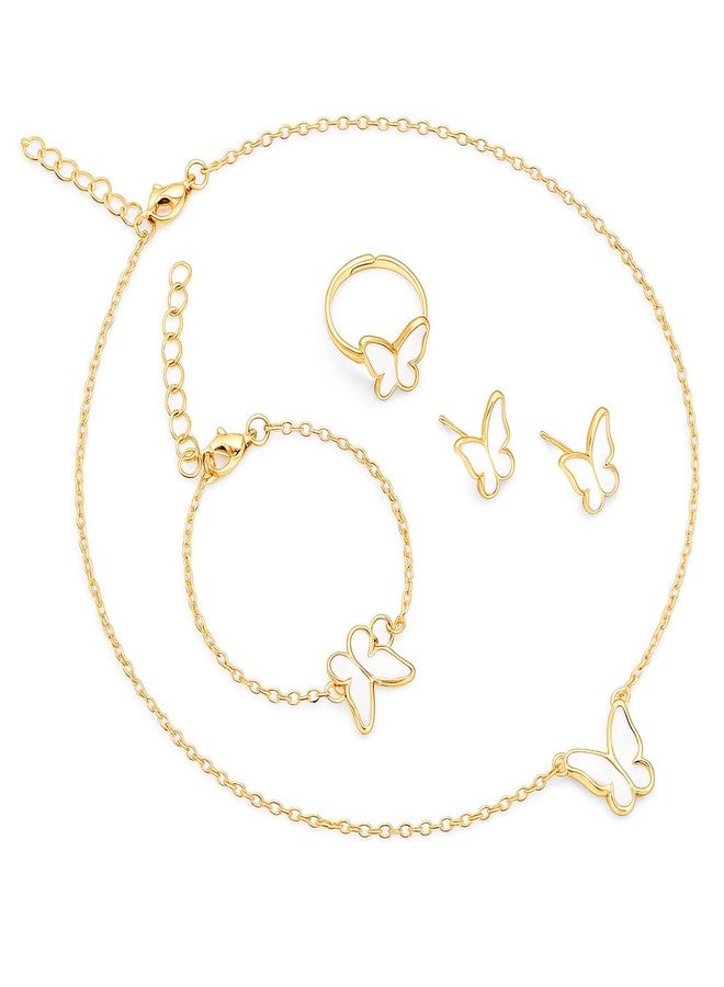 TARINI 4Piece White Butterfly Jewelry Set - Elegant Gold-Plated Necklace, 1 Pair Earrings, Bracelet, Adjustable Ring, Luxe Bridal Wedding Party Prom Accessories Gift for Women Her Birthday Anniversary Valentine's Day - Image 1
