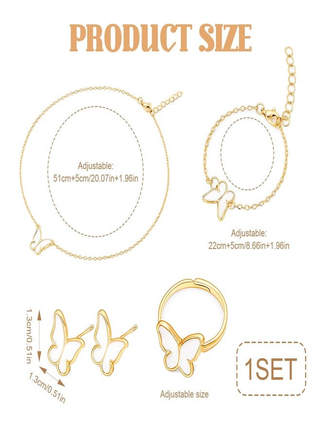 TARINI 4Piece White Butterfly Jewelry Set - Elegant Gold-Plated Necklace, 1 Pair Earrings, Bracelet, Adjustable Ring, Luxe Bridal Wedding Party Prom Accessories Gift for Women Her Birthday Anniversary Valentine's Day - Image 2