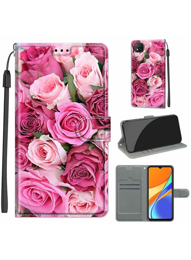 Case Cover For Xiaomi Redmi 9C Voltage Coloured Drawing Magnetic Clasp Horizontal Flip PU Leather Case with Holder & Card Slots C17 Green Leaf Pink Rose