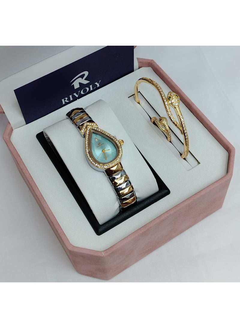 ريفولي طقم نسائي راقٍ بساعة بتصميم فاخر على شكل قطرة، مرصعة بالكريستال مع سوار أنيق يعكس لمسة فخامة وجاذبية