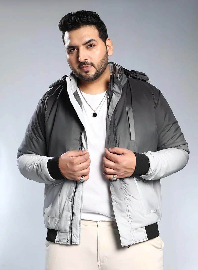 Instafab Plus Instafab Plus Men's Black & Grey Ombre Puffer Jacket With Fleece Hood For Casual Wear | Hooded Neck | Long Cuffed Sleeves | Zipper Closure | Plus Size Jacket Crafted With Comfort Fit For Everyday Wear