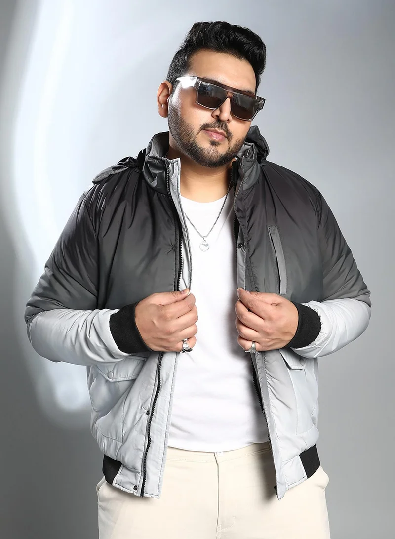 Instafab Plus Instafab Plus Men's Black & Grey Ombre Puffer Jacket With Fleece Hood For Casual Wear | Hooded Neck | Long Cuffed Sleeves | Zipper Closure | Plus Size Jacket Crafted With Comfort Fit For Everyday Wear