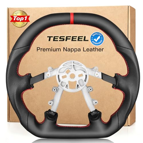 TESFEEL Steering Wheel for Corvette C5 1997-2004, Full Nappa Perforated Leather, Double D-Shape(Flat Top & Bottom), Red Stripe & Hand-Stitching, Fits for C5 Base, Z06 & All Trims - Image 1