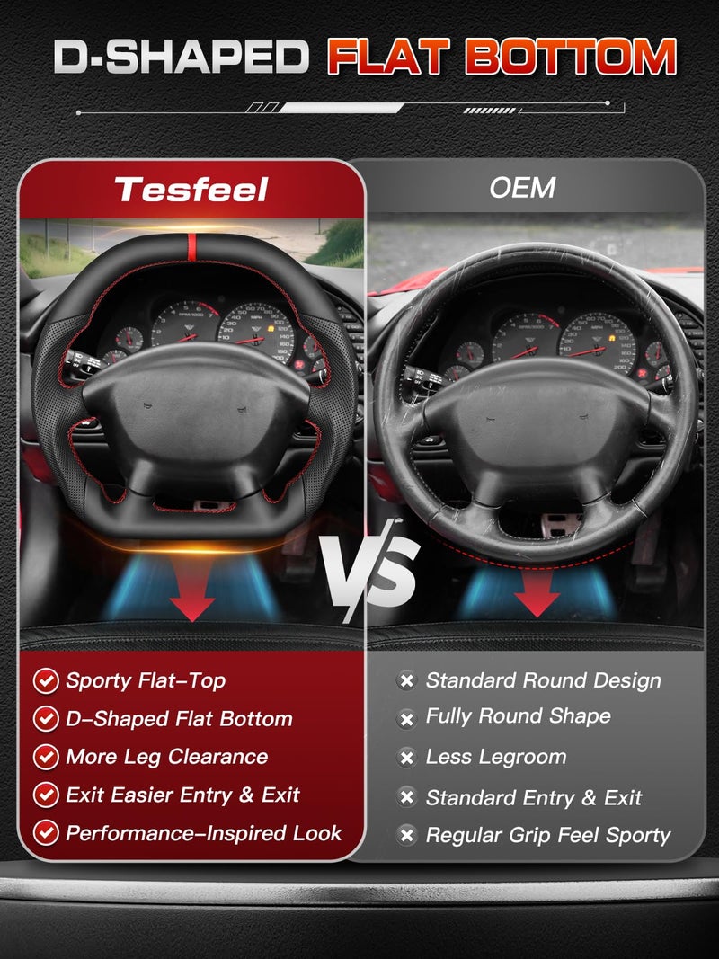 TESFEEL Steering Wheel for Corvette C5 1997-2004, Full Nappa Perforated Leather, Double D-Shape(Flat Top & Bottom), Red Stripe & Hand-Stitching, Fits for C5 Base, Z06 & All Trims - Image 3