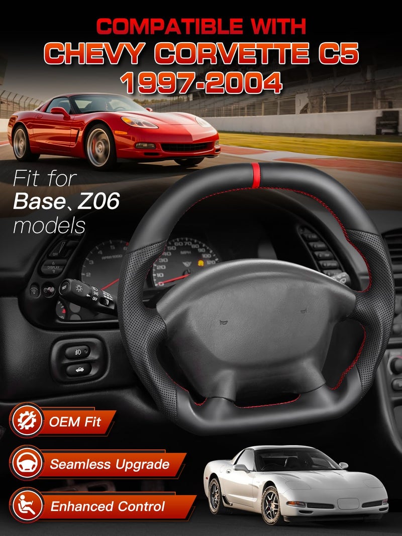 TESFEEL Steering Wheel for Corvette C5 1997-2004, Full Nappa Perforated Leather, Double D-Shape(Flat Top & Bottom), Red Stripe & Hand-Stitching, Fits for C5 Base, Z06 & All Trims - Image 2