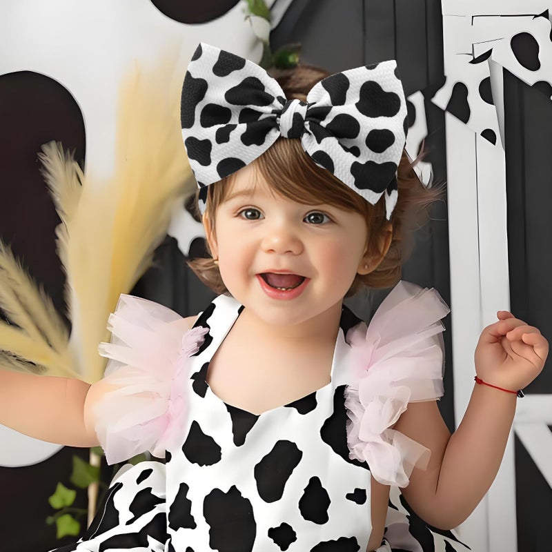 ONENINEDREAM 2Pcs Moo Cow Print 7â€™â€™ Hair Bows for Baby Girls Cowgirl Accessories Infant Toddler Baby Girl Headbands Pink Bow Hair Wrap - Image 2