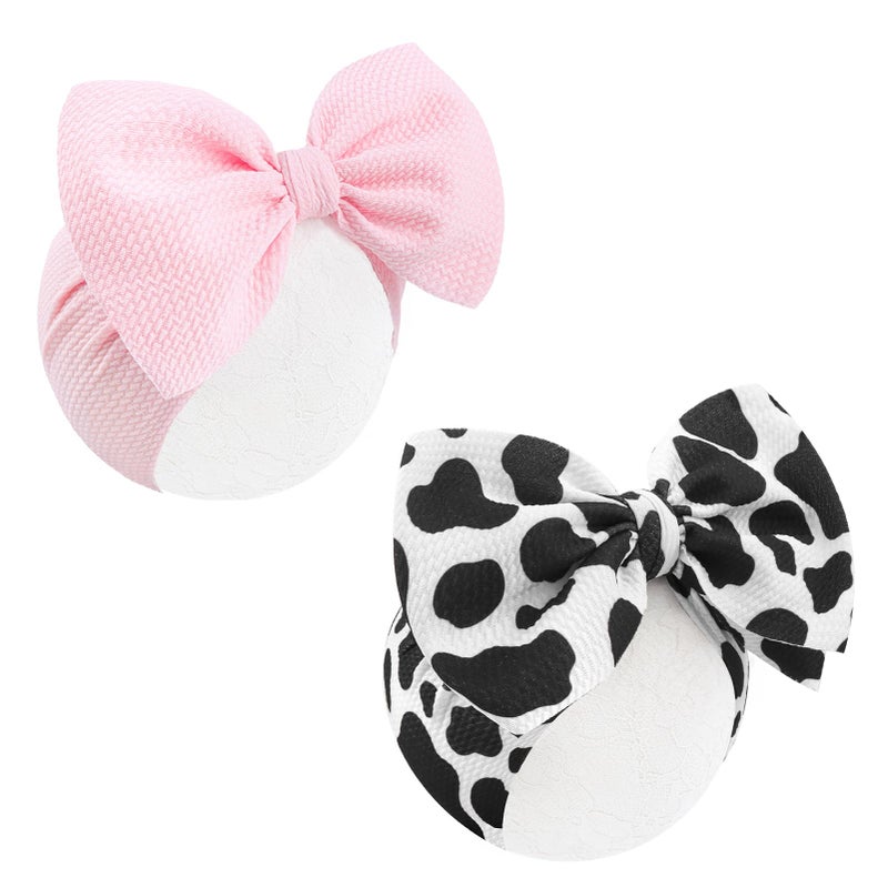 ONENINEDREAM 2Pcs Moo Cow Print 7â€™â€™ Hair Bows for Baby Girls Cowgirl Accessories Infant Toddler Baby Girl Headbands Pink Bow Hair Wrap - Image 1