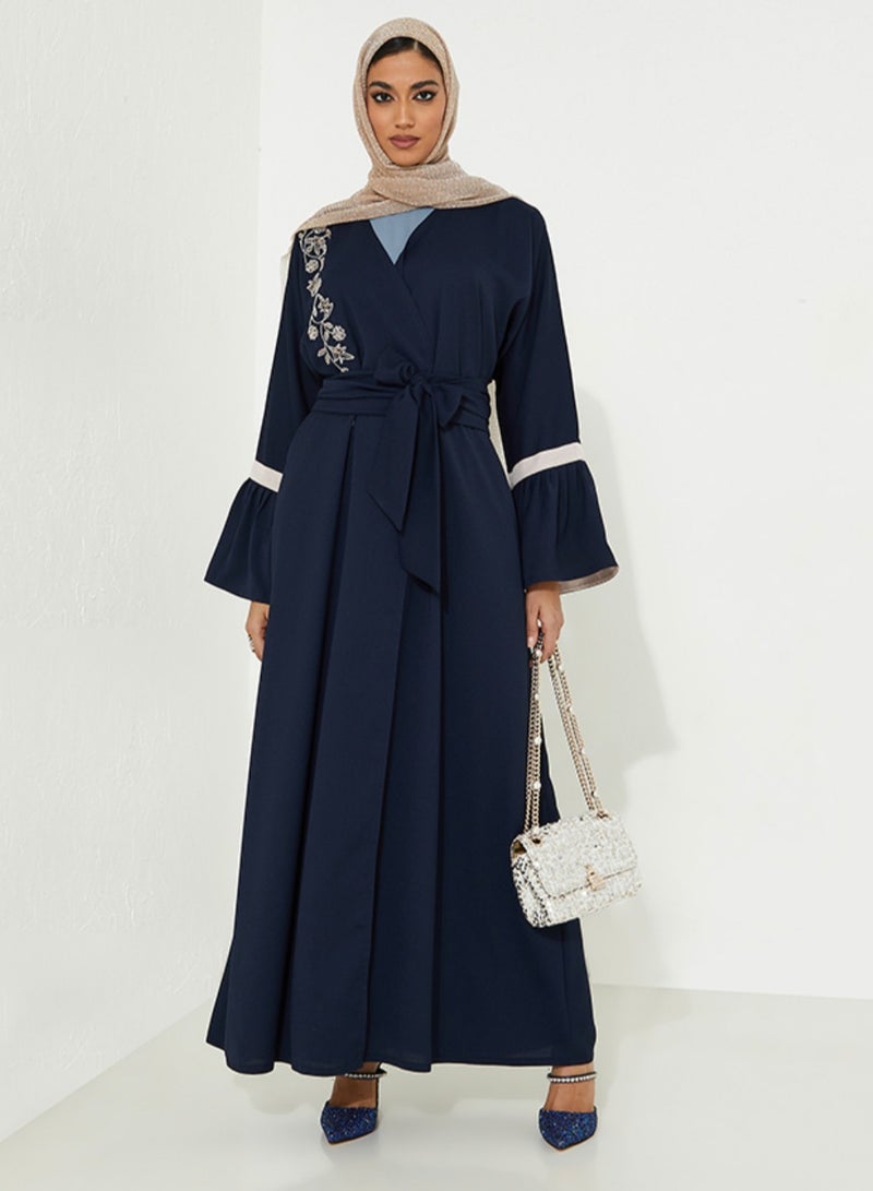 Rosette Abaya Open Abaya with shoulder hand embroidery design Belt - Image 4